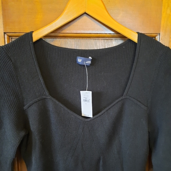 🛍NWT GAP Rib Corset Bodysuit Black ribbed knit elbow length sleeves size large - Picture 6 of 15